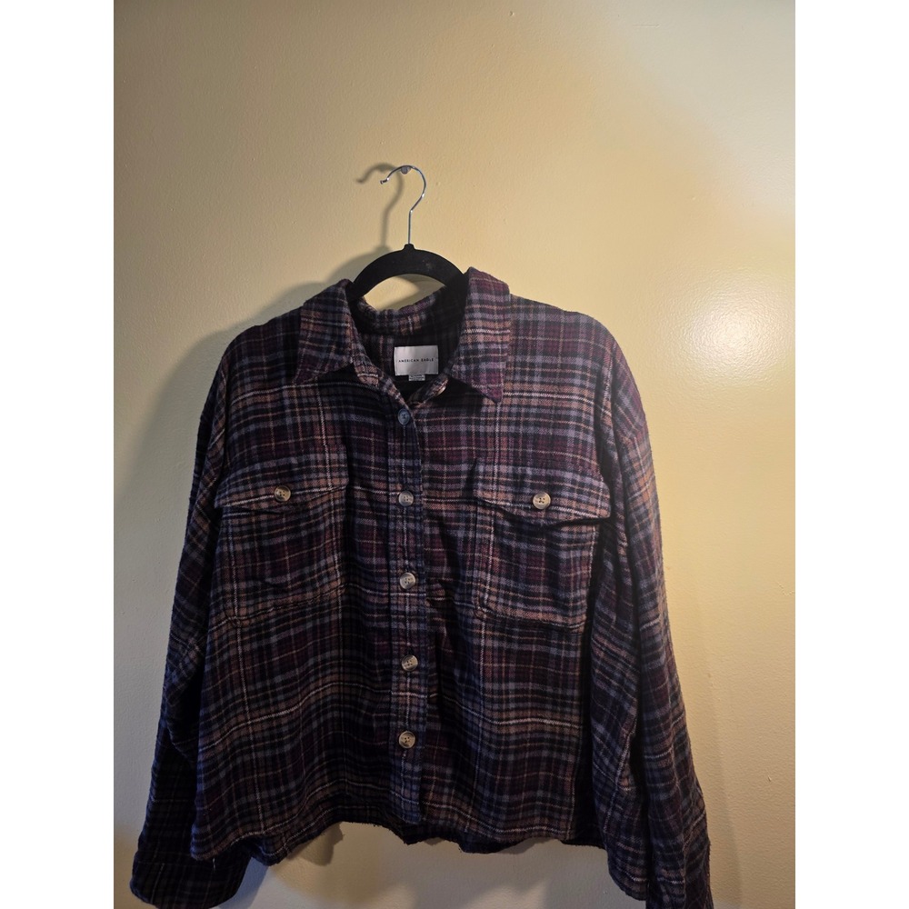 American Eagle Womens XL Plaid Flannel Shirt Brown Long Sleeve Cropped